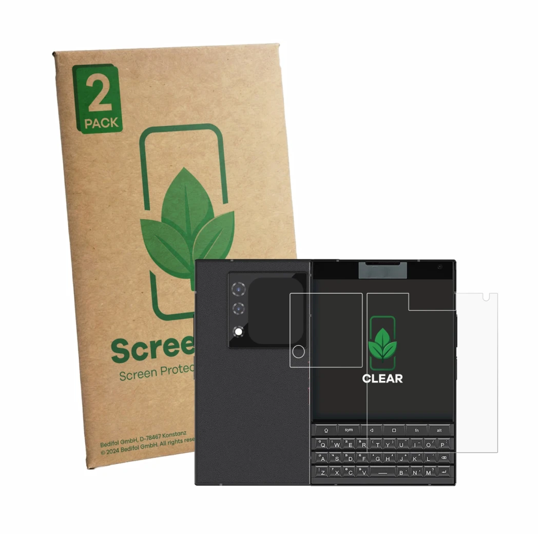 Face avant d’un emballage produit avec le logo de la marque ScreenLeaf. À côté, l’appareil Unihertz Titan 2 (Avant+Caméra) est