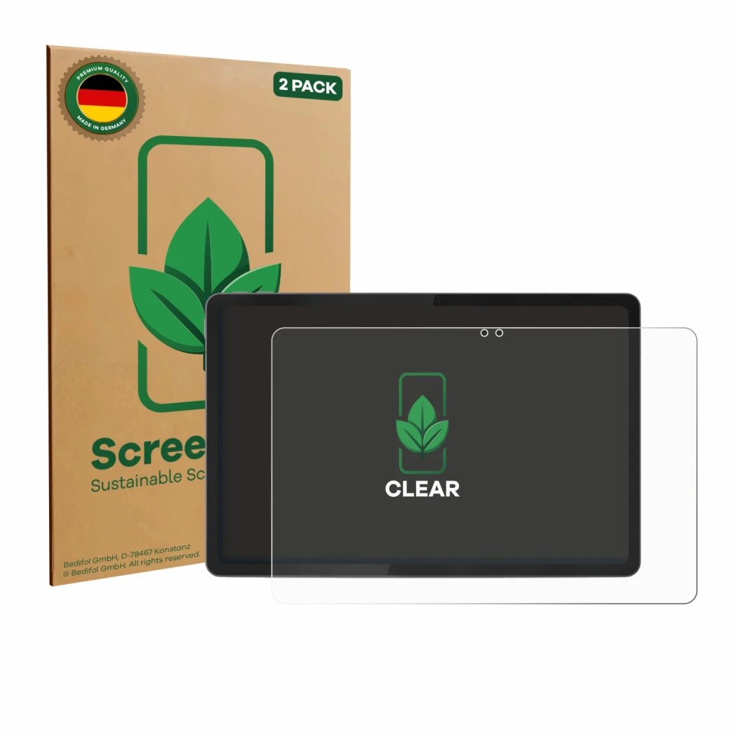 Face avant d’un emballage produit avec le logo de la marque ScreenLeaf. À côté, l’appareil Lenovo Idea Tab 11