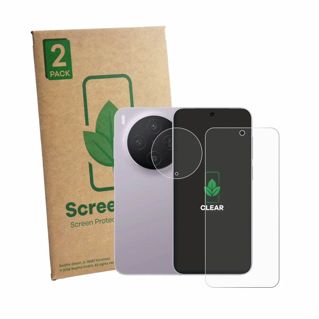 Face avant d’un emballage produit avec le logo de la marque ScreenLeaf. À côté, l’appareil Vivo X300 (Avant+Caméra) est représ
