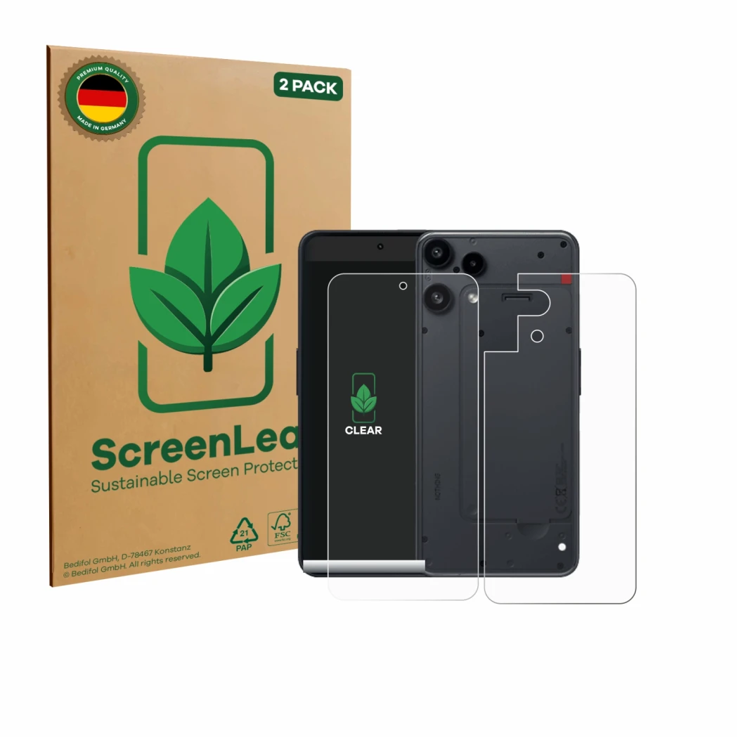 Face avant d’un emballage produit avec le logo de la marque ScreenLeaf. À côté, l’appareil Nothing Phone (3a) Lite (Avant+Arri