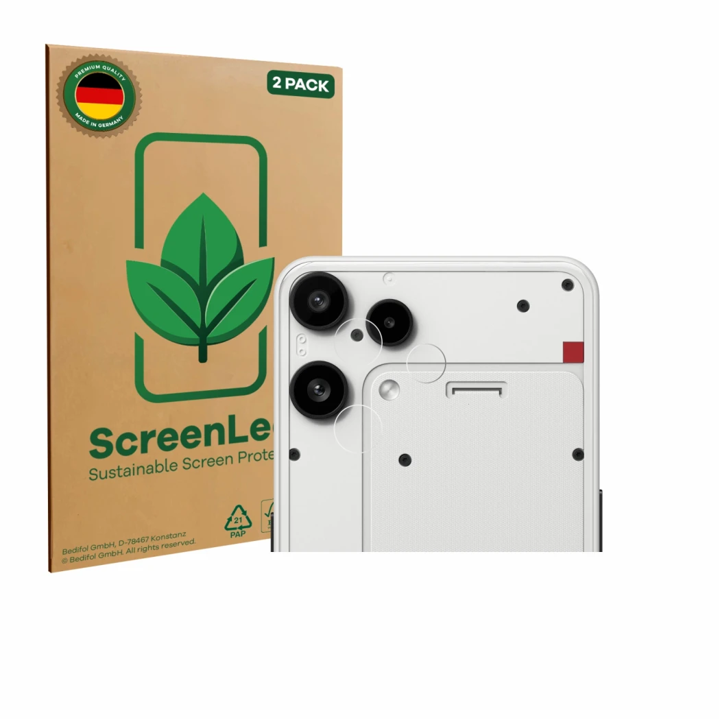 Face avant d’un emballage produit avec le logo de la marque ScreenLeaf. À côté, l’appareil Nothing Phone (3a) Lite (Caméra UNI