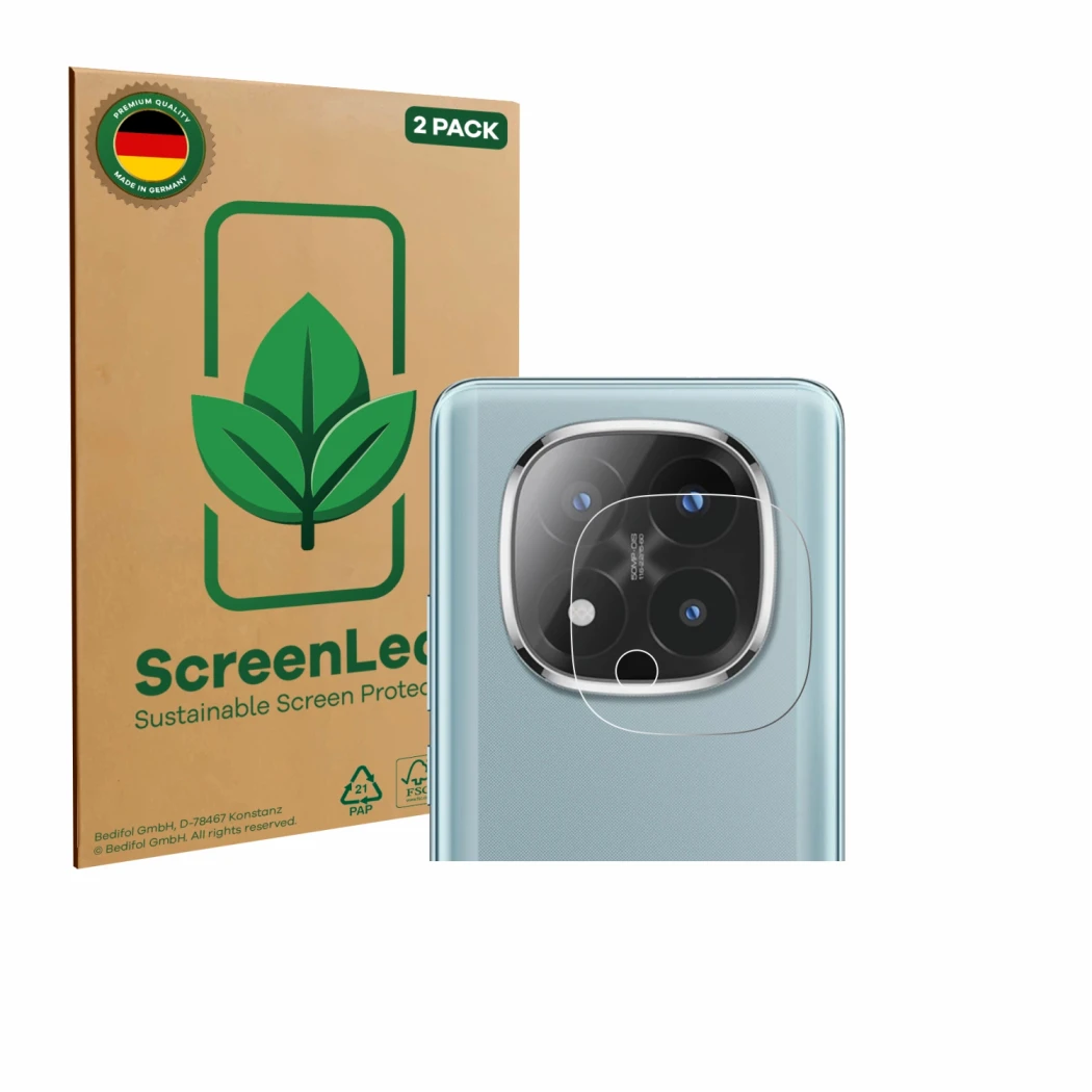 Face avant d’un emballage produit avec le logo de la marque ScreenLeaf. À côté, l’appareil Xiaomi Redmi Note 14 Pro Plus 5G (C