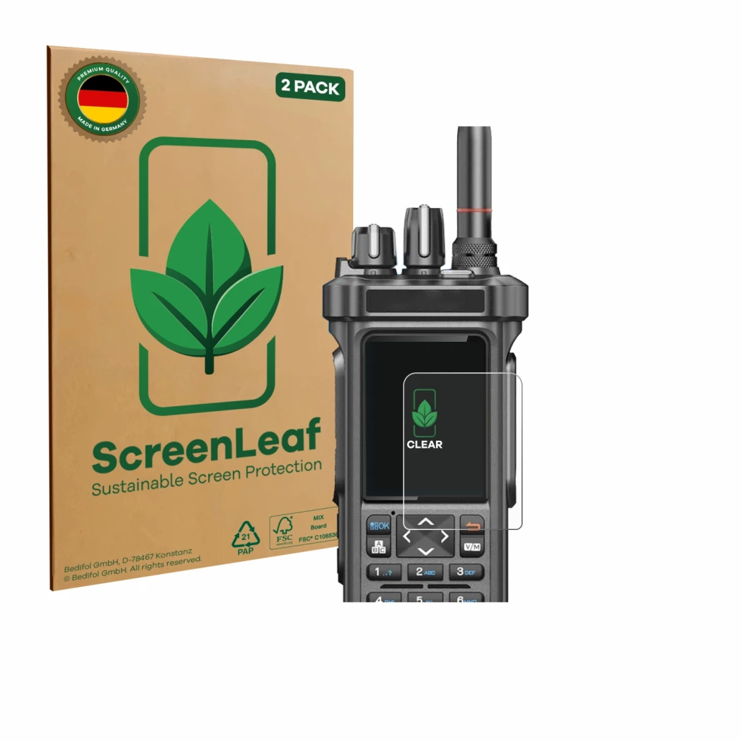 Face avant d’un emballage produit avec le logo de la marque ScreenLeaf. À côté, l’appareil Radtel RT-950 Pro est représenté av