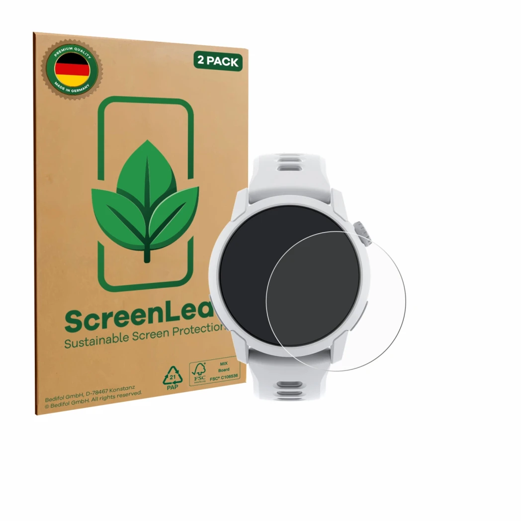 Face avant d’un emballage produit avec le logo de la marque ScreenLeaf. À côté, l’appareil Coros Pace 4 est représenté avec la