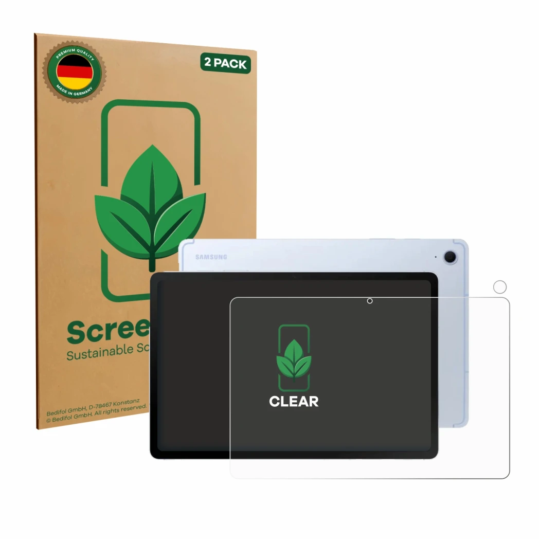 Face avant d’un emballage produit avec le logo de la marque ScreenLeaf. À côté, l’appareil Samsung Galaxy Tab S10 FE (Avant+Ca