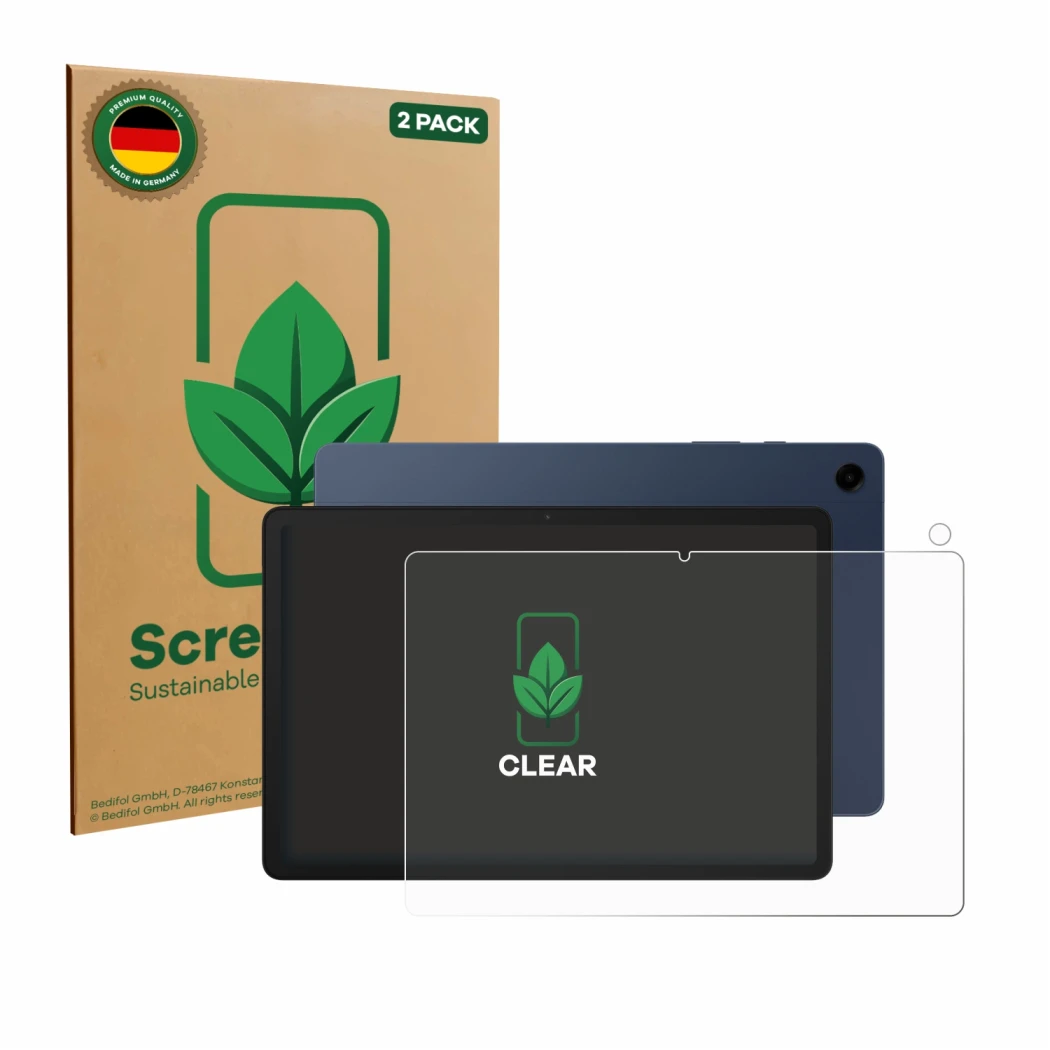 Face avant d’un emballage produit avec le logo de la marque ScreenLeaf. À côté, l’appareil Samsung Galaxy Tab A9 Plus (Avant+C
