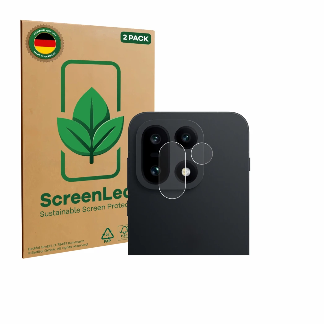 Face avant d’un emballage produit avec le logo de la marque ScreenLeaf. À côté, l’appareil OnePlus 15 (Caméra UNIQUEMENT) est 