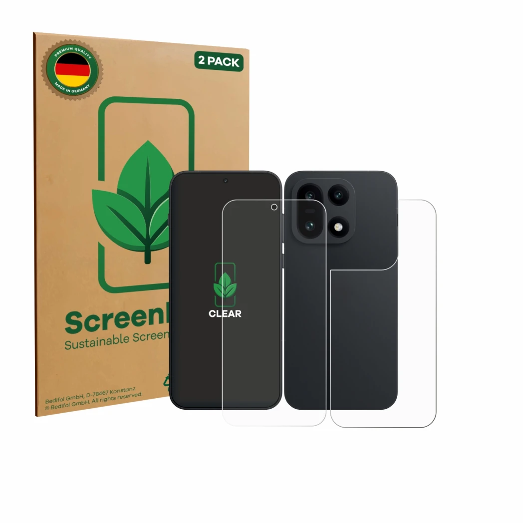 Face avant d’un emballage produit avec le logo de la marque ScreenLeaf. À côté, l’appareil OnePlus 15 (Avant+Arrière) est repr