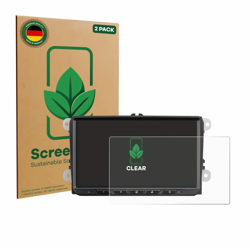 Face avant d’un emballage produit avec le logo de la marque ScreenLeaf. À côté, l’appareil Zenec Z-E2065 est représenté avec l