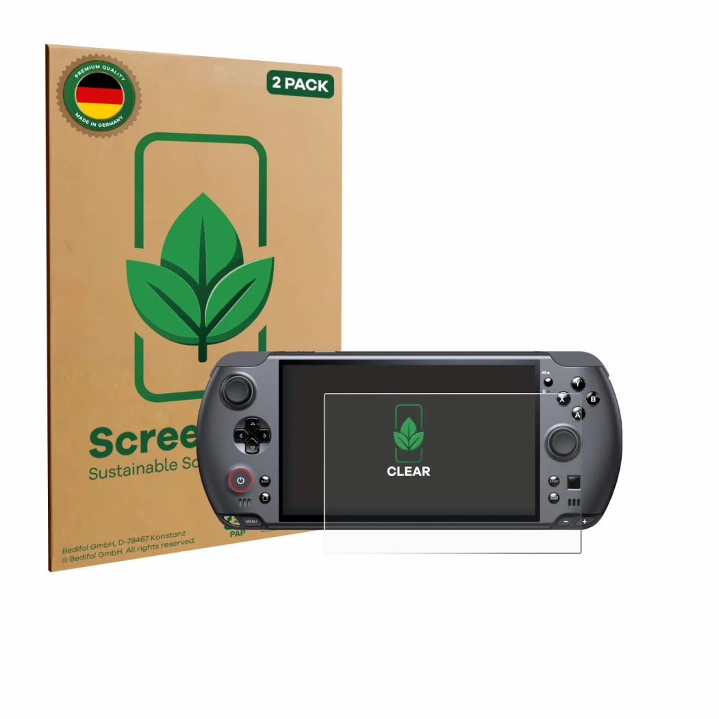 Face avant d’un emballage produit avec le logo de la marque ScreenLeaf. À côté, l’appareil GPD Win 5 est représenté avec la pr