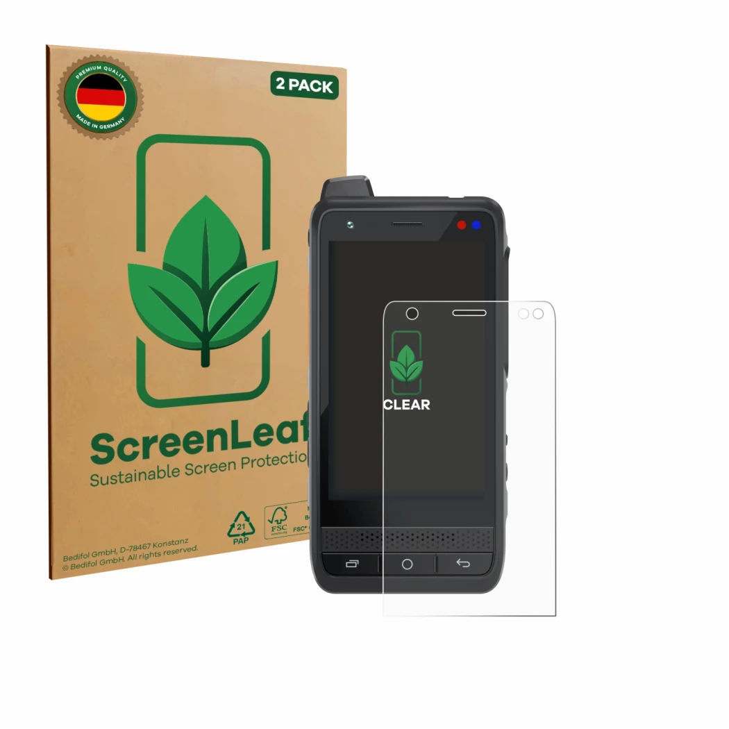 Face avant d’un emballage produit avec le logo de la marque ScreenLeaf. À côté, l’appareil Uniwa F400 est représenté avec la p