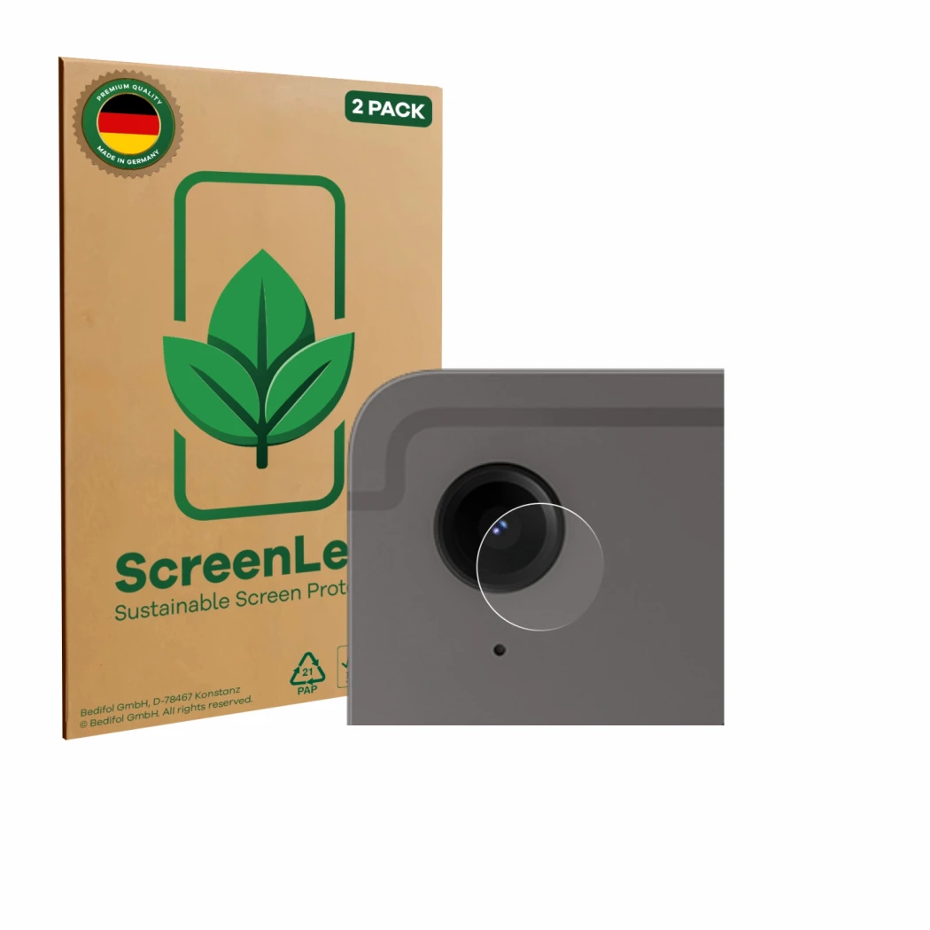 Face avant d’un emballage produit avec le logo de la marque ScreenLeaf. À côté, l’appareil Samsung Galaxy Tab S9 FE (Caméra UN