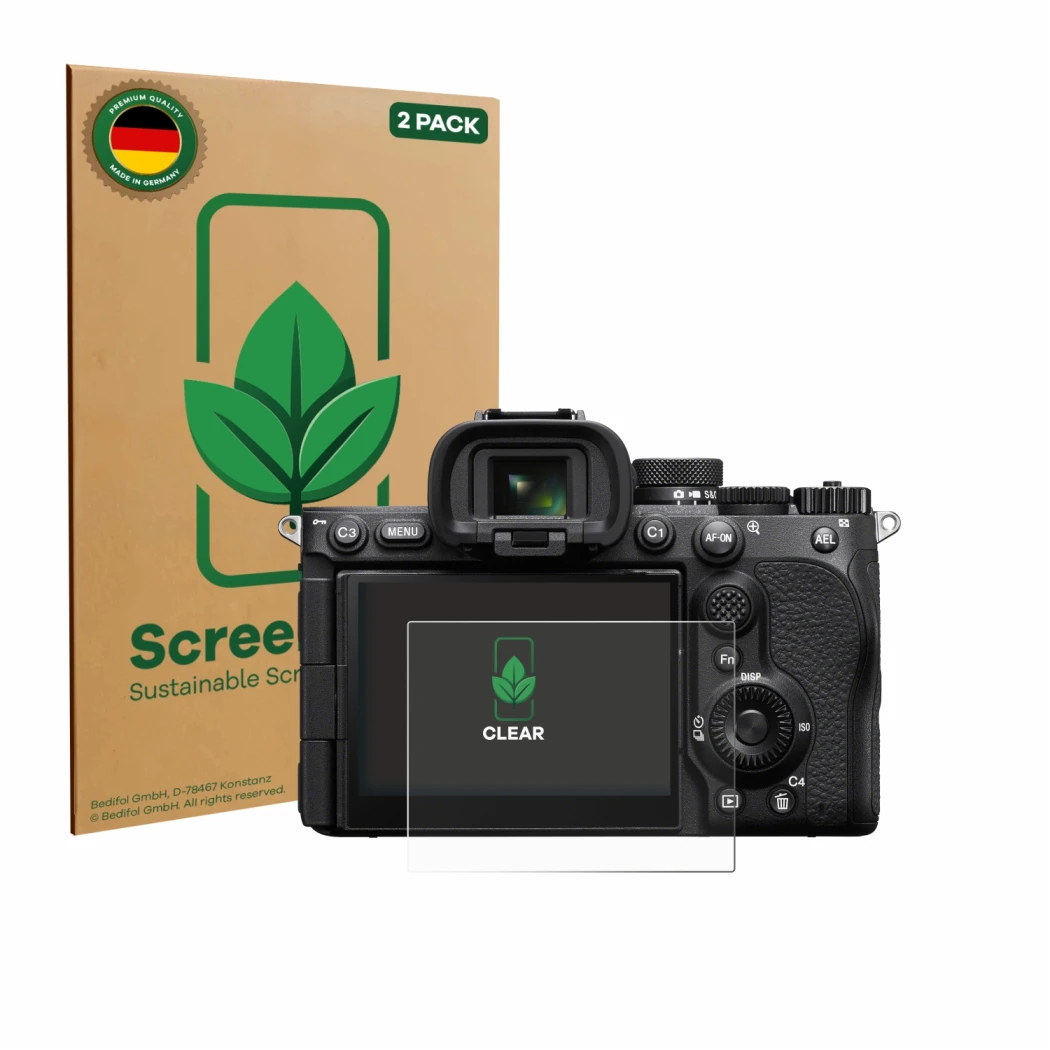 Face avant d’un emballage produit avec le logo de la marque ScreenLeaf. À côté, l’appareil Sony Alpha 7 V (ILCE-7M5) est repré