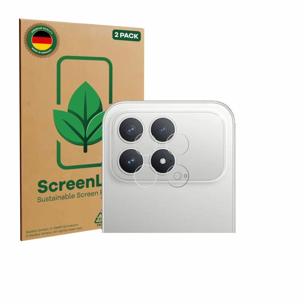 Face avant d’un emballage produit avec le logo de la marque ScreenLeaf. À côté, l’appareil Xiaomi Poco F8 Pro (Caméra UNIQUEME