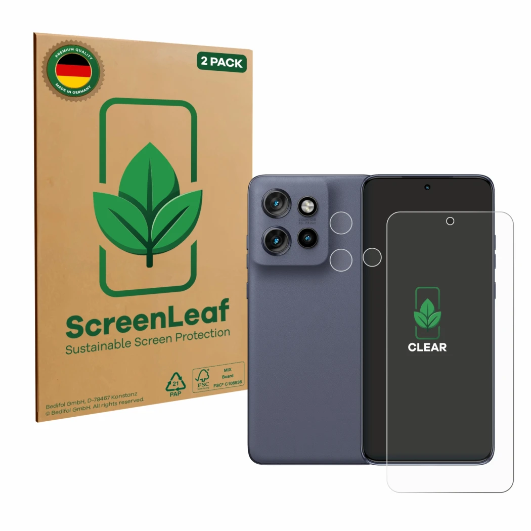 Face avant d’un emballage produit avec le logo de la marque ScreenLeaf. À côté, l’appareil Motorola Edge 60 Neo (Avant+Caméra)