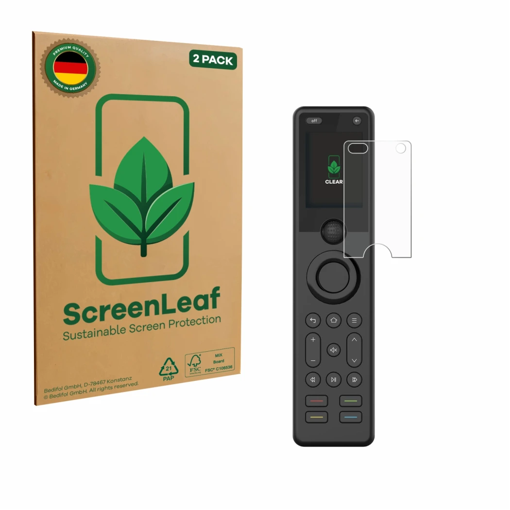 Face avant d’un emballage produit avec le logo de la marque ScreenLeaf. À côté, l’appareil Sofabaton X1S est représenté avec l