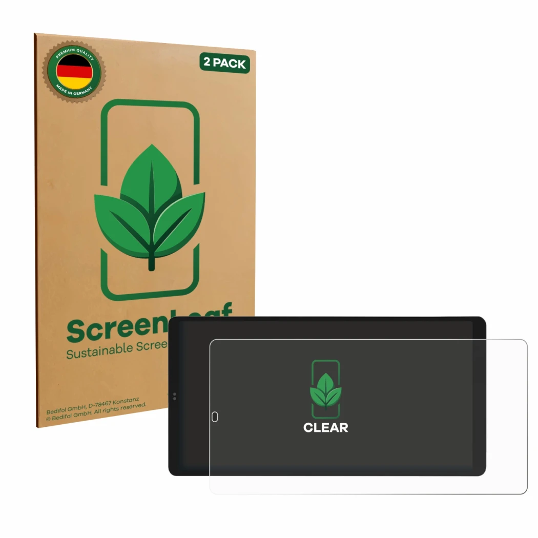 Face avant d’un emballage produit avec le logo de la marque ScreenLeaf. À côté, l’appareil Shelly Wall Display X2i est représe