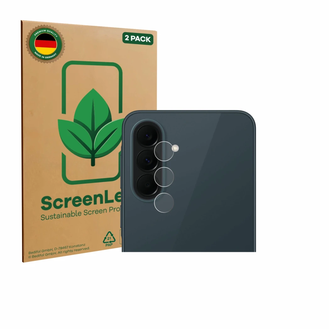 Face avant d’un emballage produit avec le logo de la marque ScreenLeaf. À côté, l’appareil Samsung Galaxy A37 5G (Caméra UNIQU