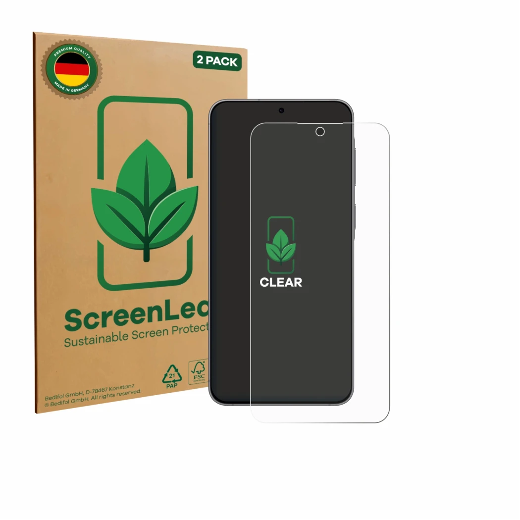 Face avant d’un emballage produit avec le logo de la marque ScreenLeaf. À côté, l’appareil Samsung Galaxy A57 5G est représent