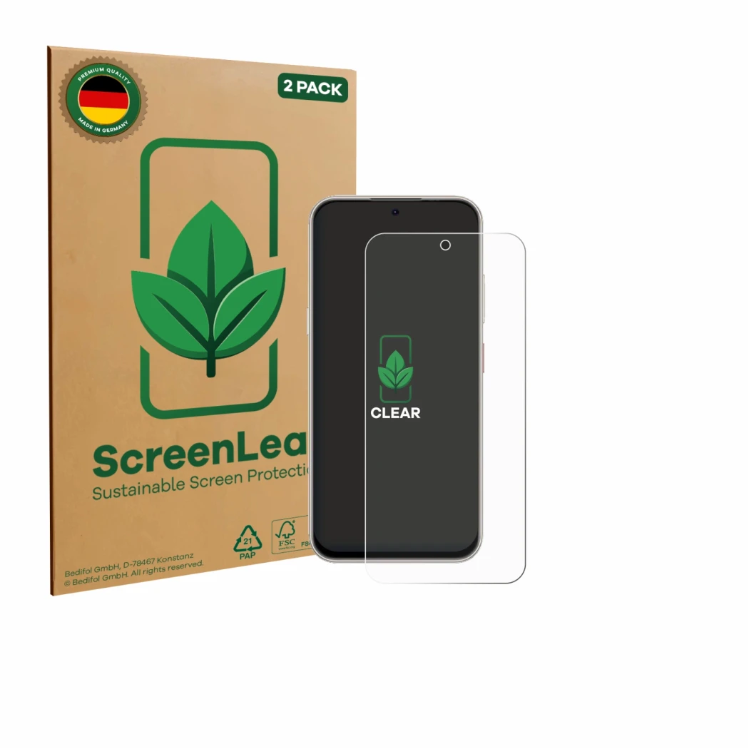 Face avant d’un emballage produit avec le logo de la marque ScreenLeaf. À côté, l’appareil Nubia V80 Pro est représenté avec l