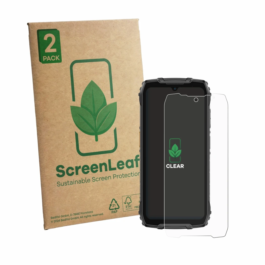 Face avant d’un emballage produit avec le logo de la marque ScreenLeaf. À côté, l’appareil Ulefone RugKing 4 Pro est représent