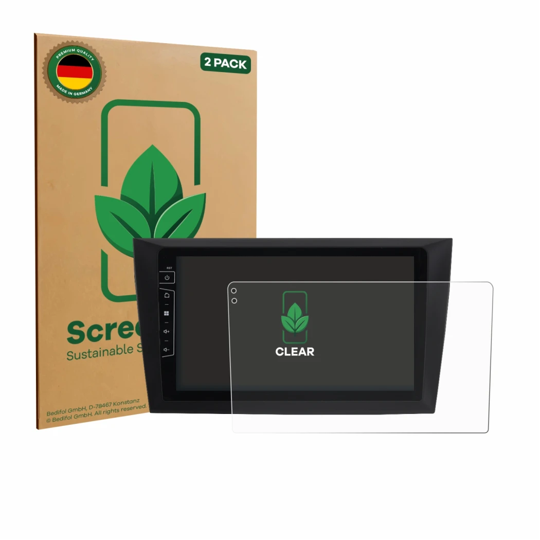 Face avant d’un emballage produit avec le logo de la marque ScreenLeaf. À côté, l’appareil Dynavin D8-DF31 9