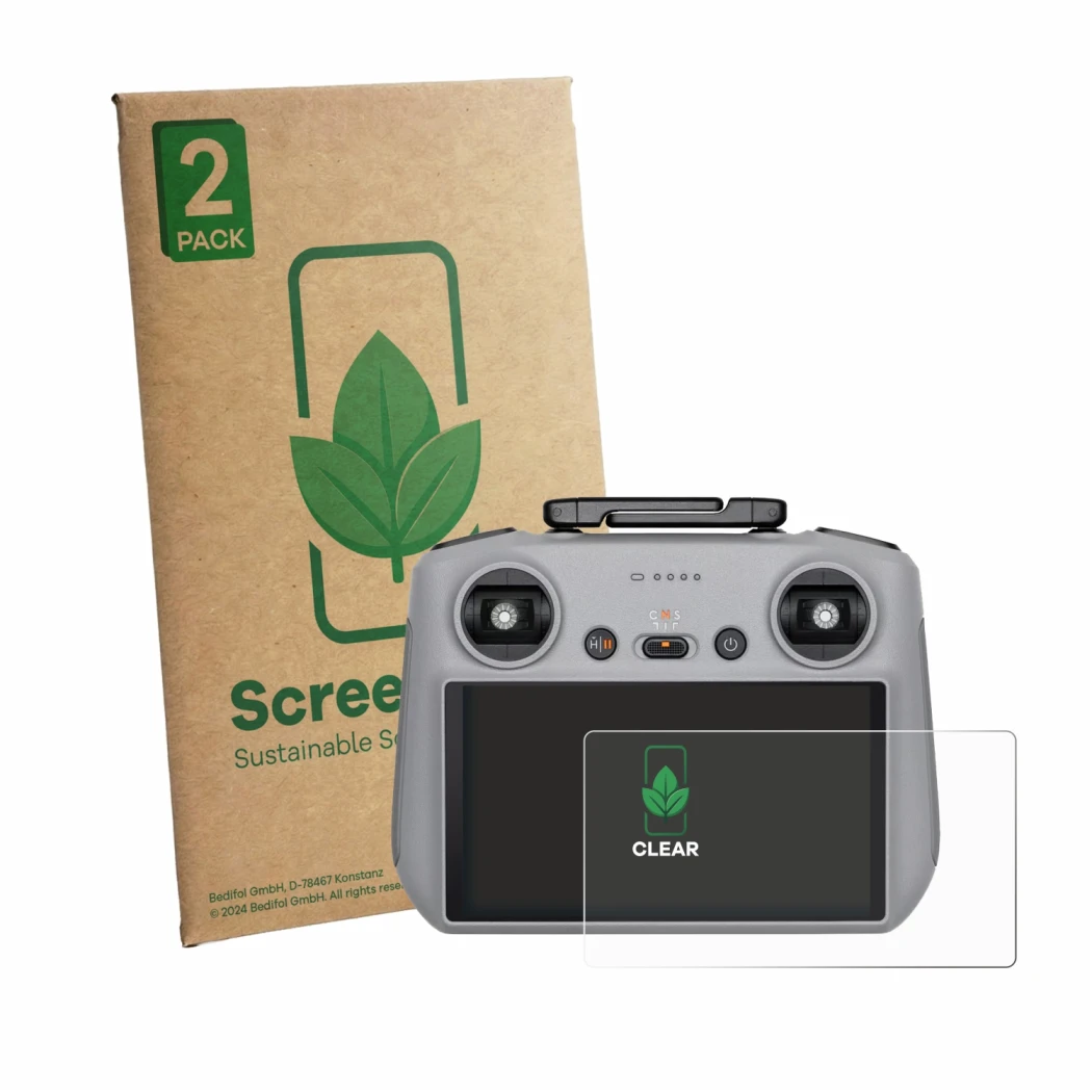 Face avant d’un emballage produit avec le logo de la marque ScreenLeaf. À côté, l’appareil DJI RC 2 2025 est représenté avec l