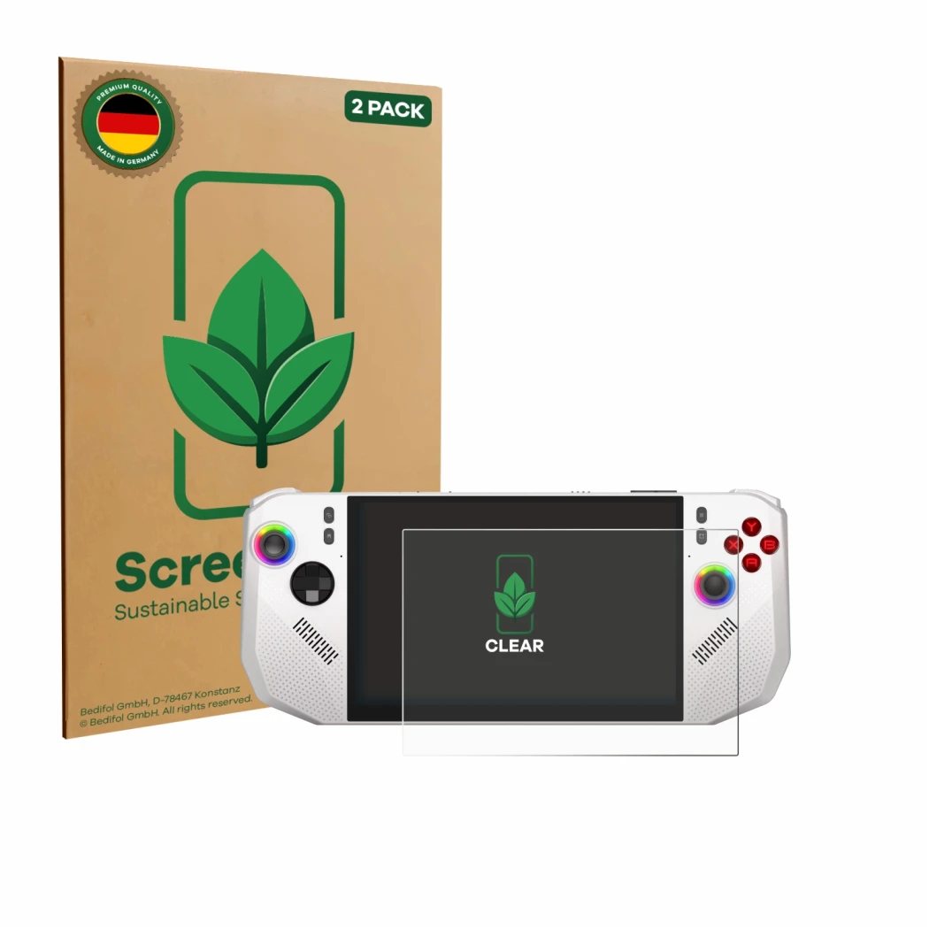 Face avant d’un emballage produit avec le logo de la marque ScreenLeaf. À côté, l’appareil MSI Claw A8 BZ2EM est représenté av