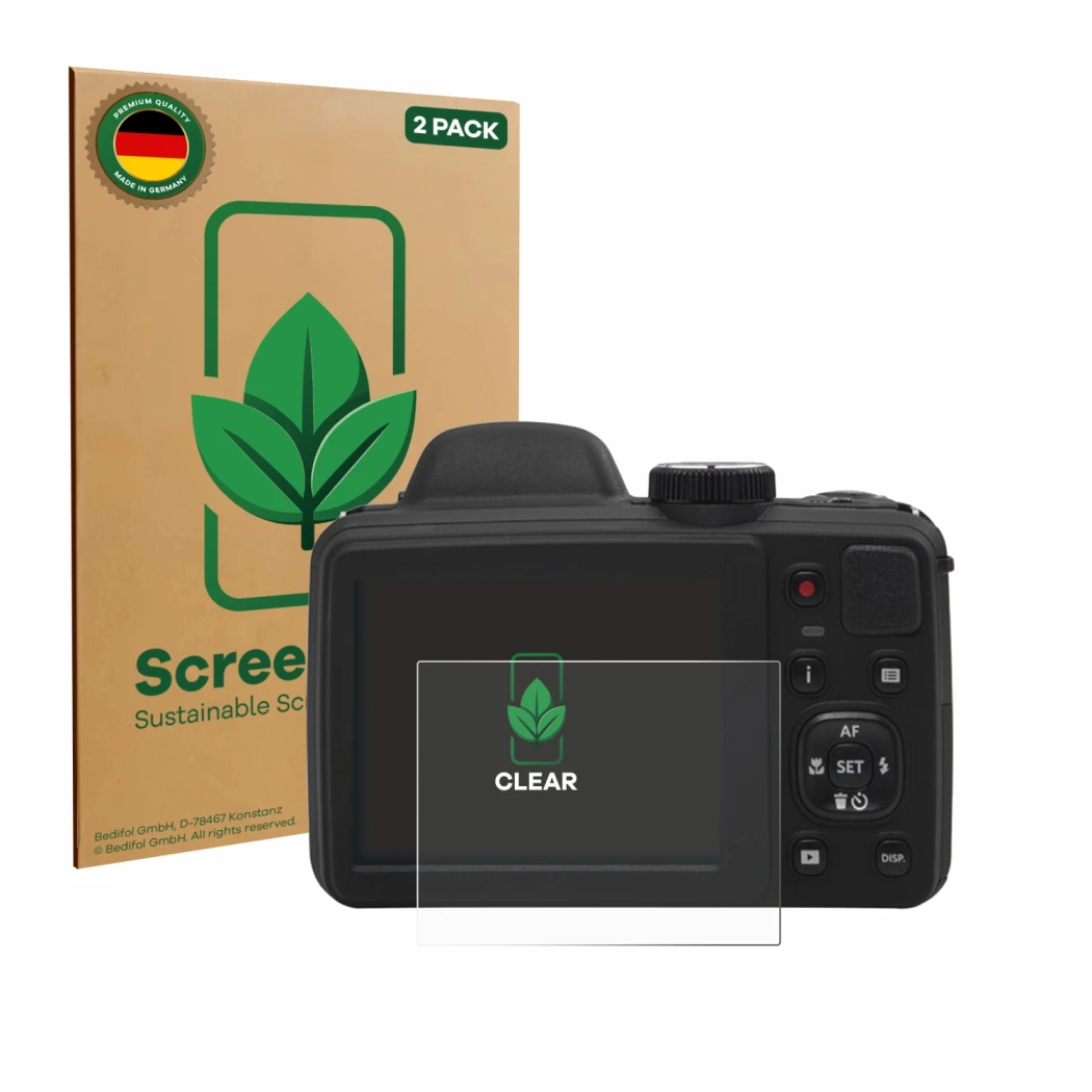Face avant d’un emballage produit avec le logo de la marque ScreenLeaf. À côté, l’appareil Kodak Pixpro AZ405 est représenté a