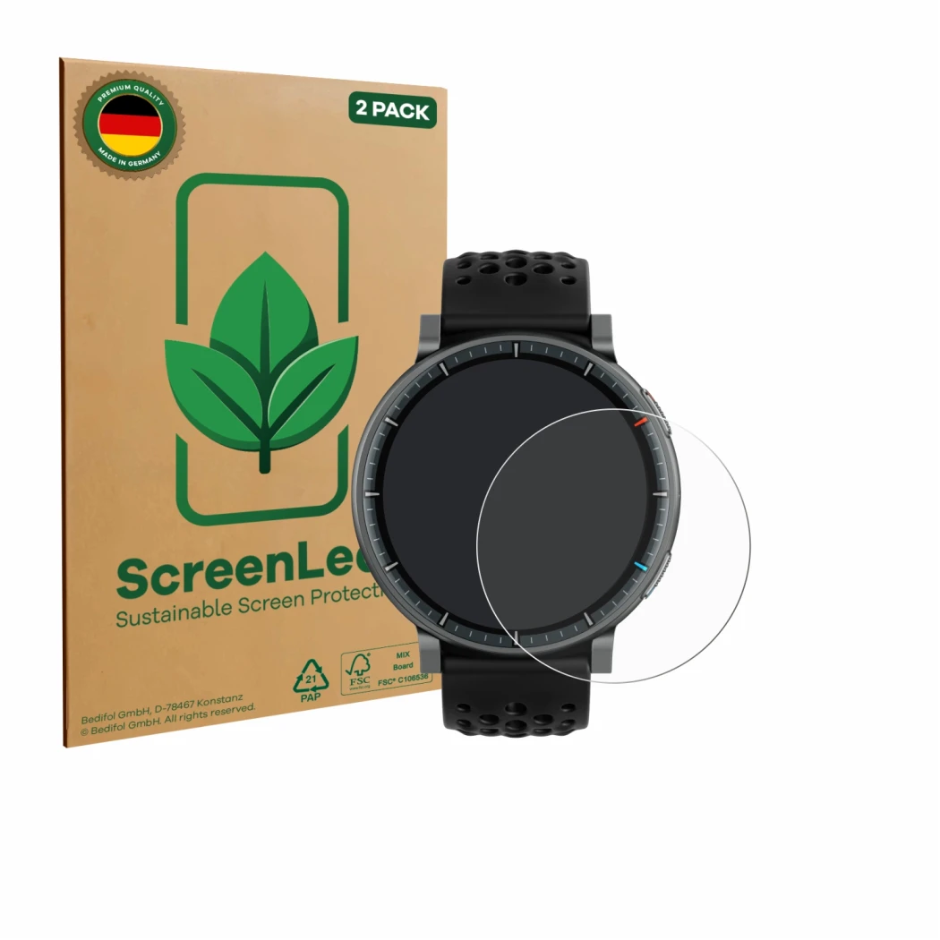 Face avant d’un emballage produit avec le logo de la marque ScreenLeaf. À côté, l’appareil Amazfit Active Max est représenté a