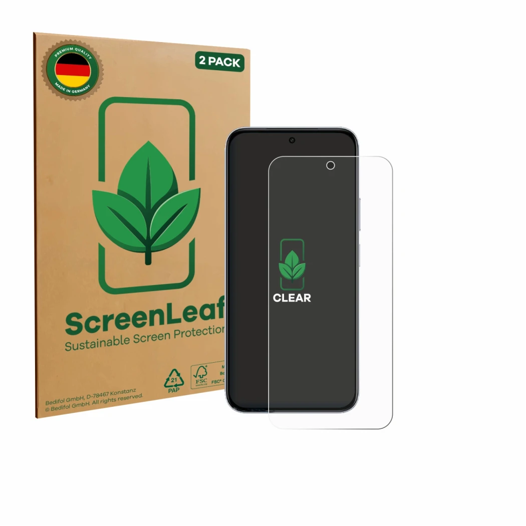 Face avant d’un emballage produit avec le logo de la marque ScreenLeaf. À côté, l’appareil Vivo Y500i est représenté avec la p