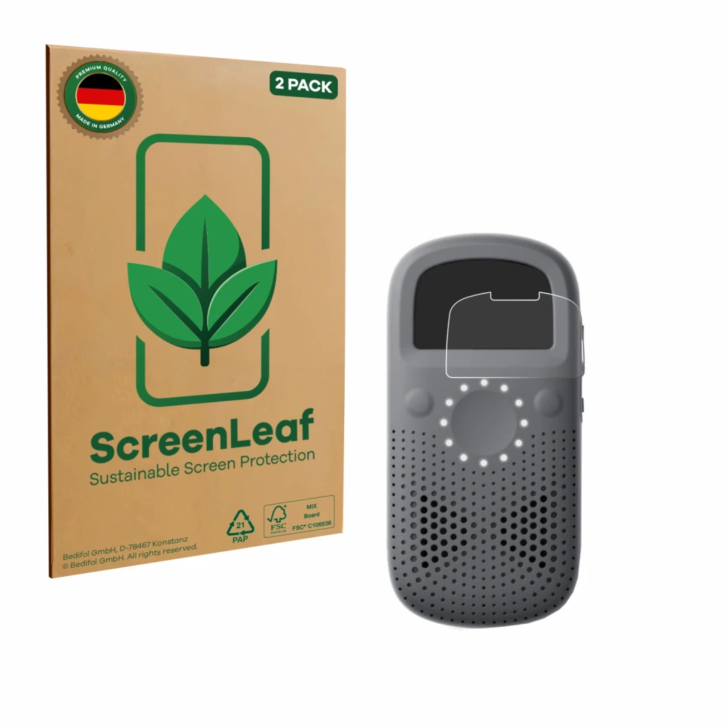 Face avant d’un emballage produit avec le logo de la marque ScreenLeaf. À côté, l’appareil Relay X est représenté avec la prot