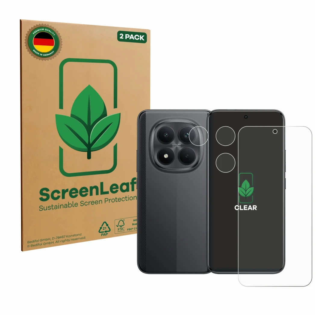 Face avant d’un emballage produit avec le logo de la marque ScreenLeaf. À côté, l’appareil Xiaomi Poco M8 Pro (Avant+Caméra) e
