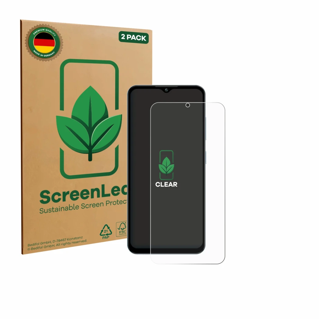 Face avant d’un emballage produit avec le logo de la marque ScreenLeaf. À côté, l’appareil Oukitel C5 6,52