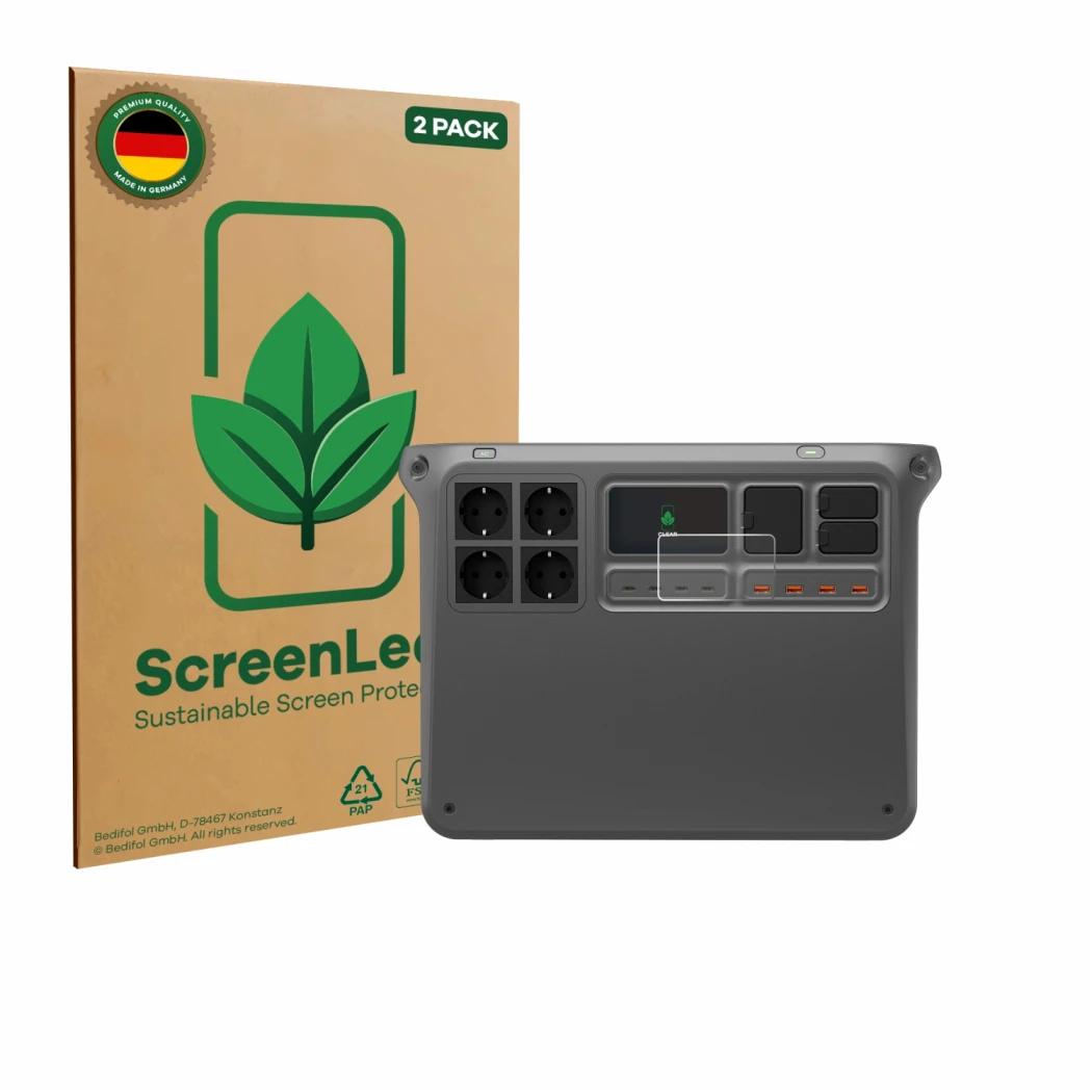 Face avant d’un emballage produit avec le logo de la marque ScreenLeaf. À côté, l’appareil DJI Power 2000 est représenté avec 