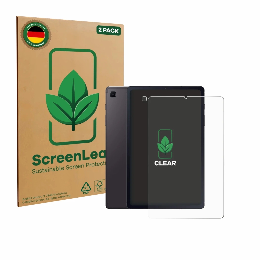 Face avant d’un emballage produit avec le logo de la marque ScreenLeaf. À côté, l’appareil Samsung Galaxy Tab S6 Lite 2020 (Av