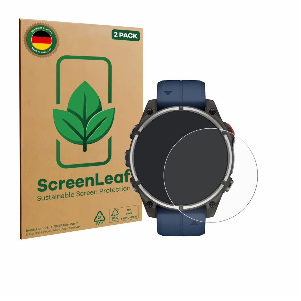 Face avant d’un emballage produit avec le logo de la marque ScreenLeaf. À côté, l’appareil Garmin quatix 8 Pro (47 mm) est rep
