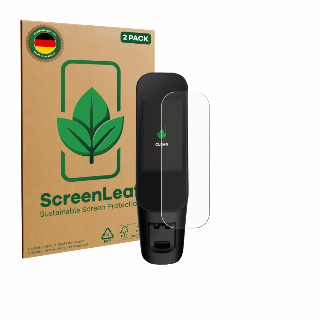 Face avant d’un emballage produit avec le logo de la marque ScreenLeaf. À côté, l’appareil Xiaomi Electric Scooter 6 Max est r