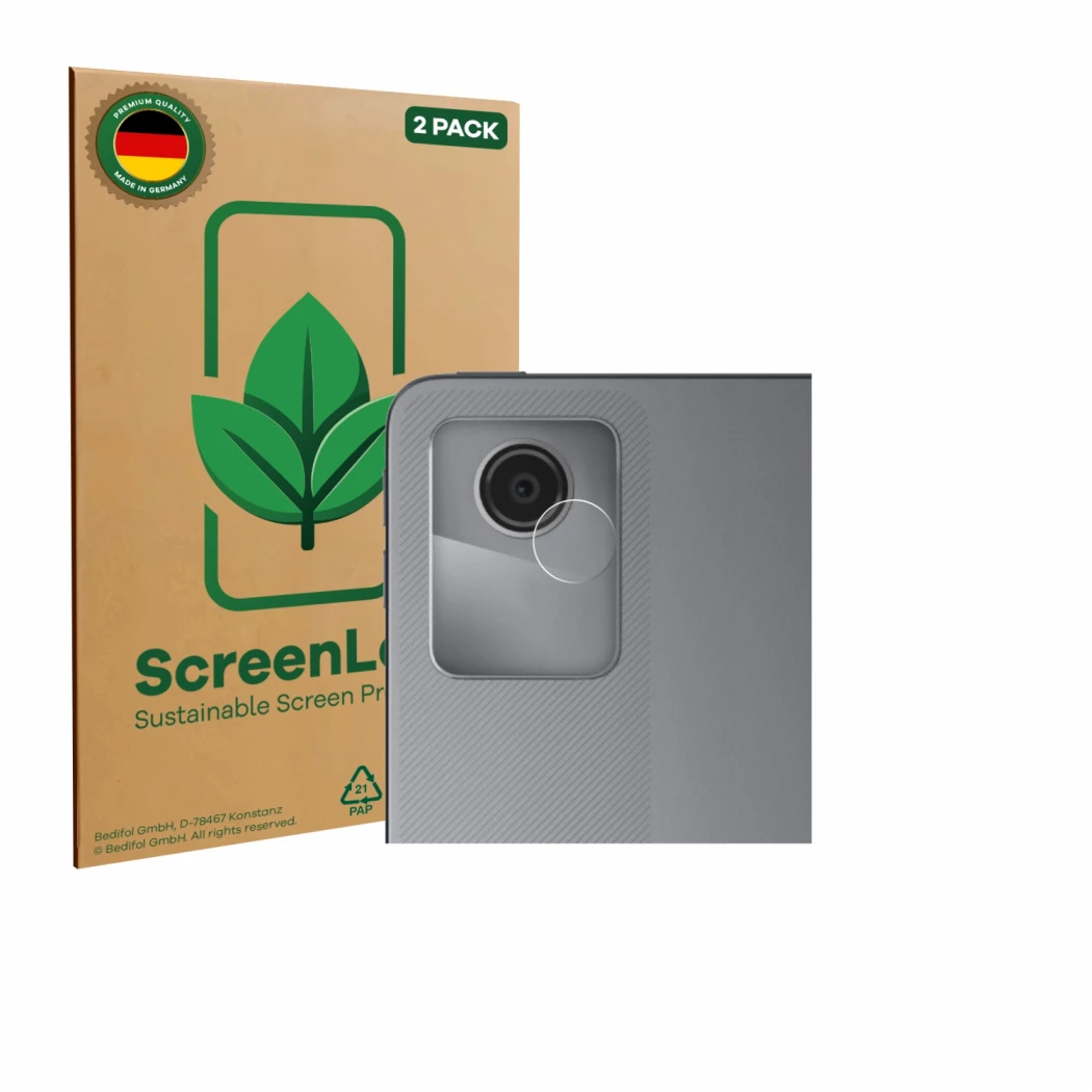 Face avant d’un emballage produit avec le logo de la marque ScreenLeaf. À côté, l’appareil Lenovo Tab M11 (Caméra UNIQUEMENT) 