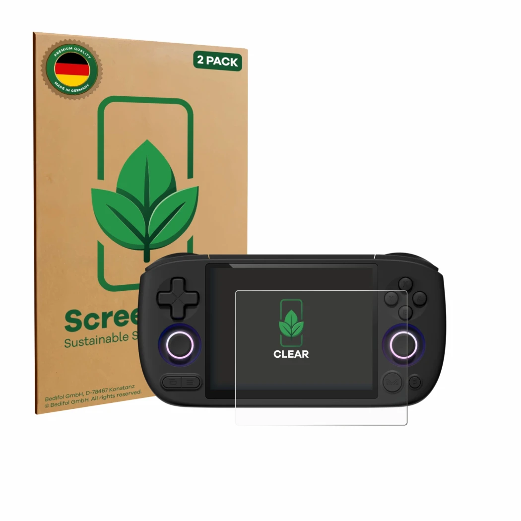 Face avant d’un emballage produit avec le logo de la marque ScreenLeaf. À côté, l’appareil Ayaneo Pocket Air Mini est représen