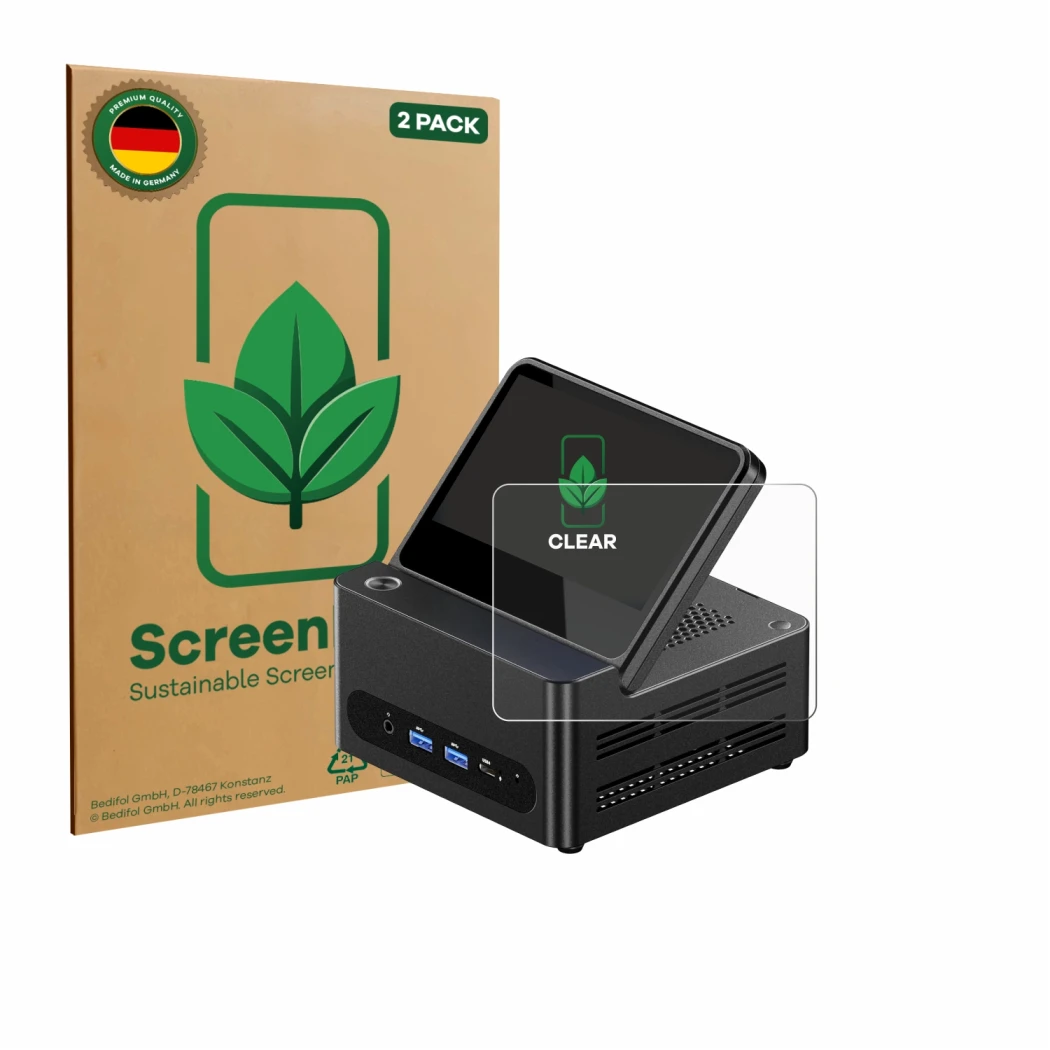 Face avant d’un emballage produit avec le logo de la marque ScreenLeaf. À côté, l’appareil AOOSTAR ‎G-FLIP H255 est représenté