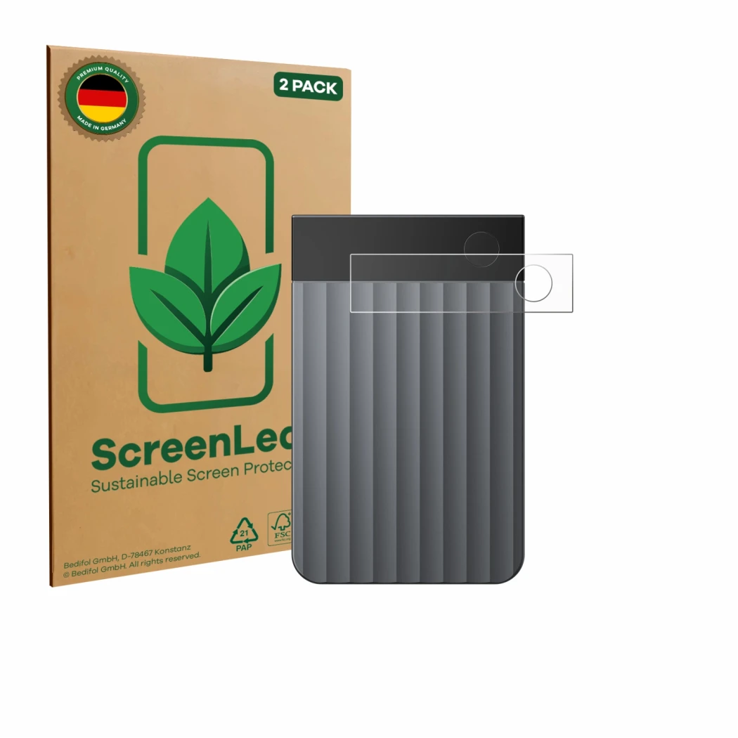 Face avant d’un emballage produit avec le logo de la marque ScreenLeaf. À côté, l’appareil PLAUD Note Pro est représenté avec 