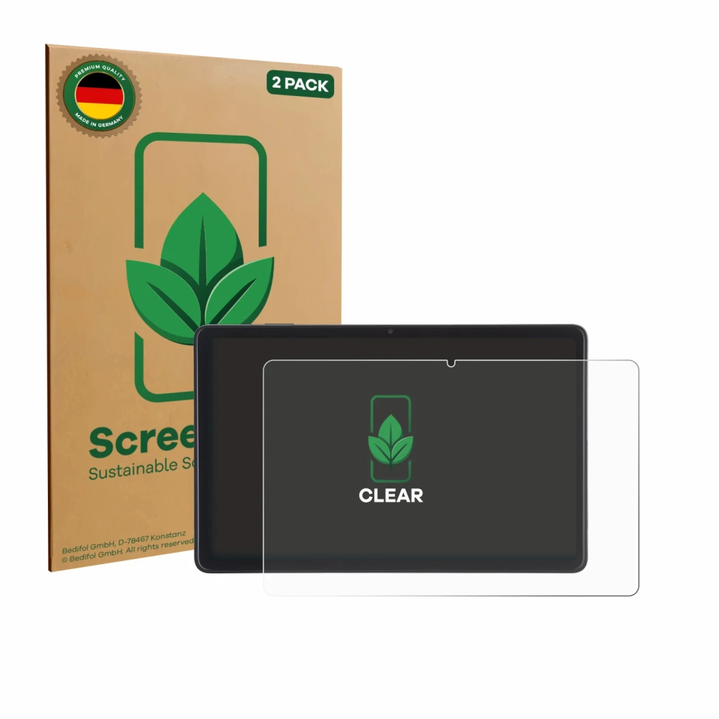 Face avant d’un emballage produit avec le logo de la marque ScreenLeaf. À côté, l’appareil Acepad A171 10.4