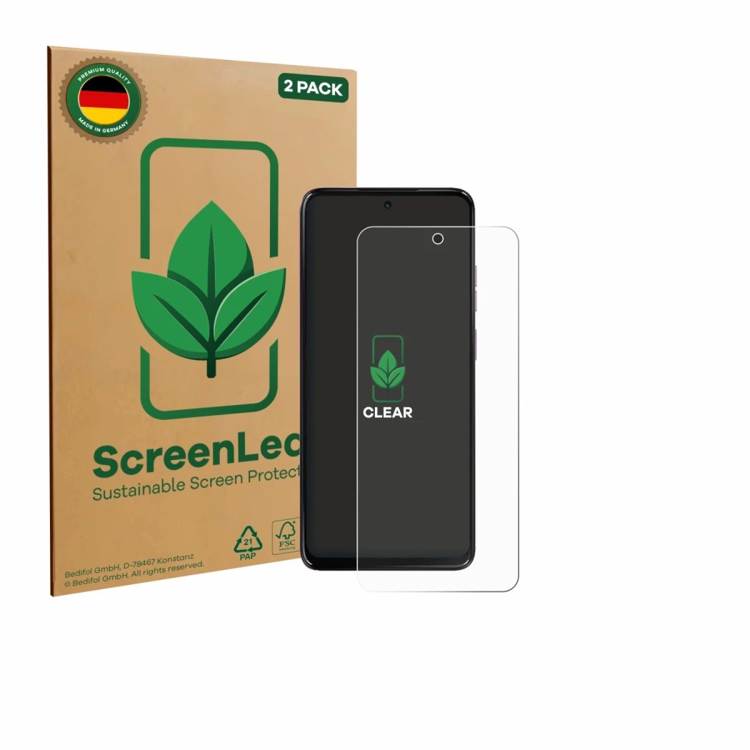Face avant d’un emballage produit avec le logo de la marque ScreenLeaf. À côté, l’appareil Motorola Moto G17 est représenté av