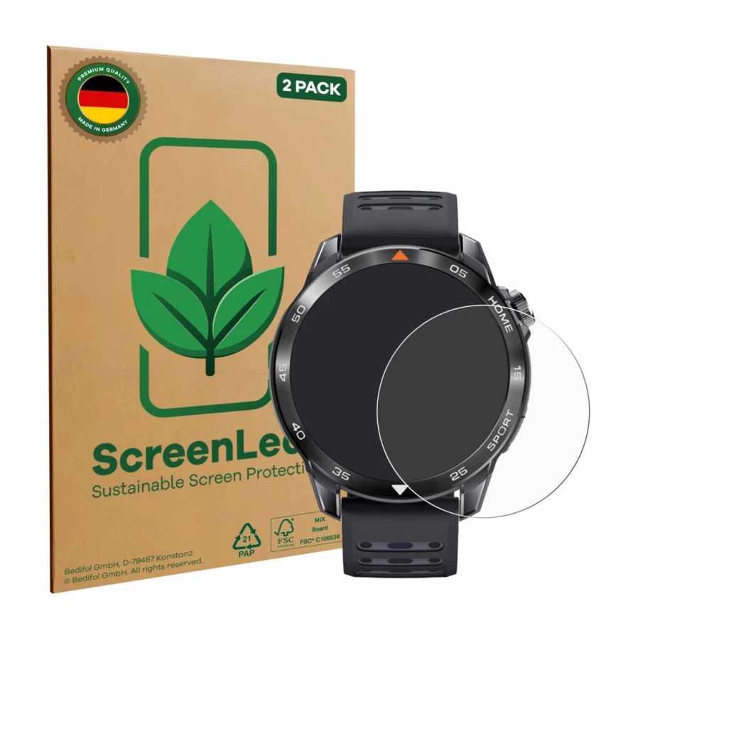 Face avant d’un emballage produit avec le logo de la marque ScreenLeaf. À côté, l’appareil Xiaomi Mibro GS Pro 2 est représent