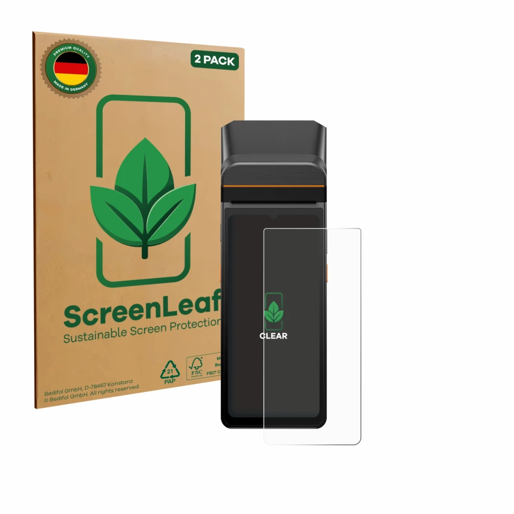 Face avant d’un emballage produit avec le logo de la marque ScreenLeaf. À côté, l’appareil Sunmi V3 A13 est représenté avec la