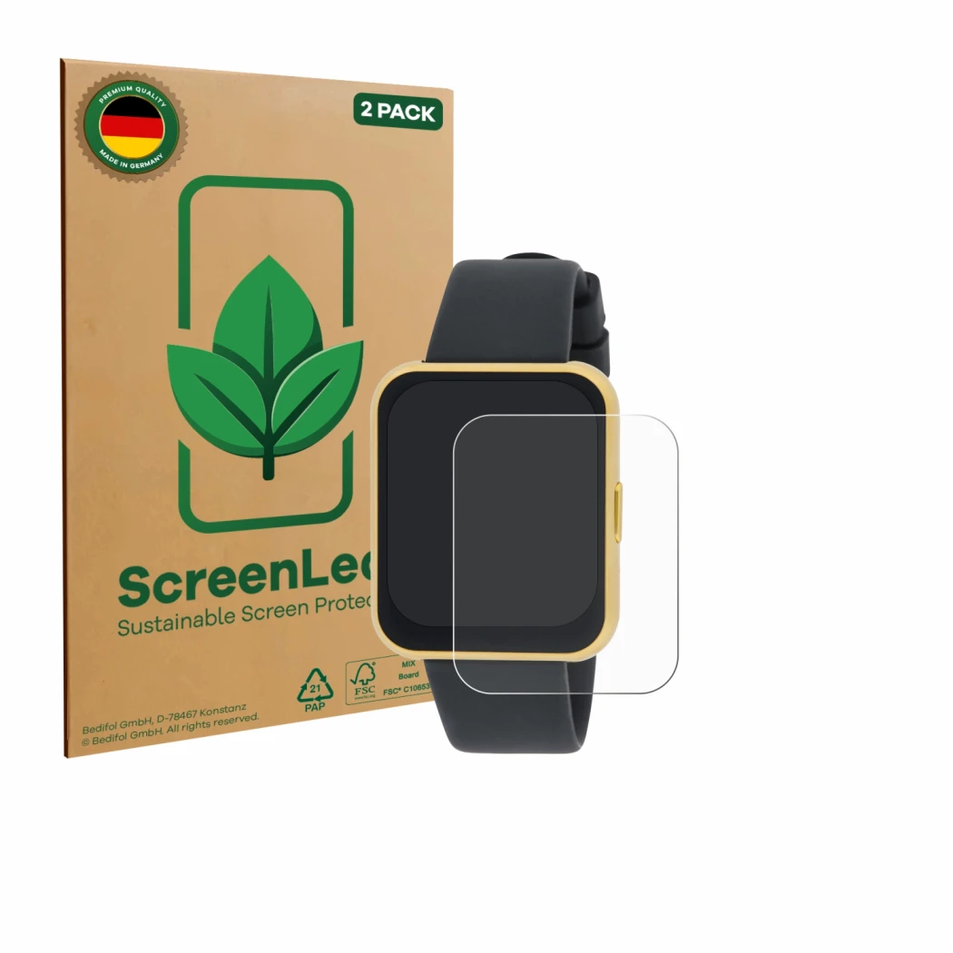 Face avant d’un emballage produit avec le logo de la marque ScreenLeaf. À côté, l’appareil Liu Jo Mini Slim 2.0 est représenté