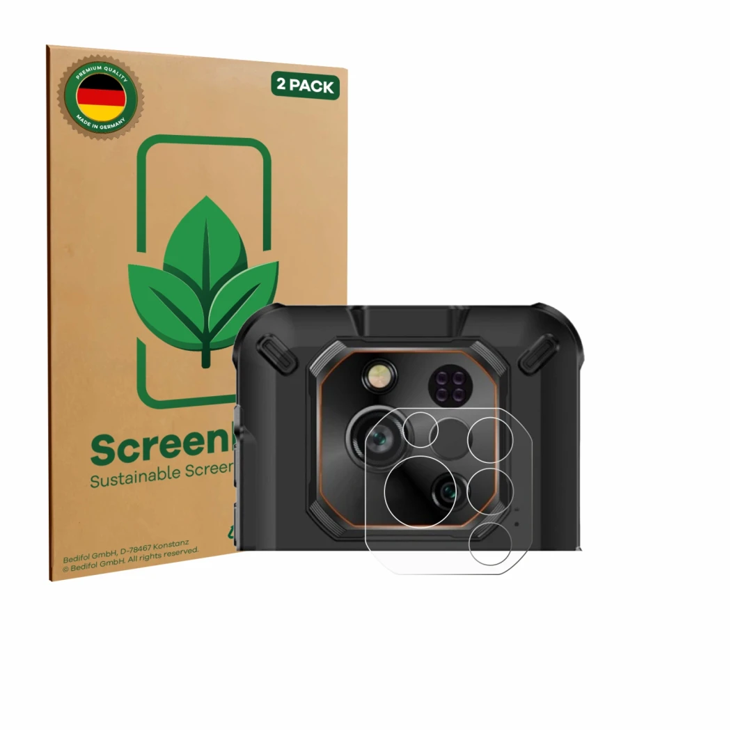 Face avant d’un emballage produit avec le logo de la marque ScreenLeaf. À côté, l’appareil Ulefone RugOne Xever 7 Pro (Caméra 