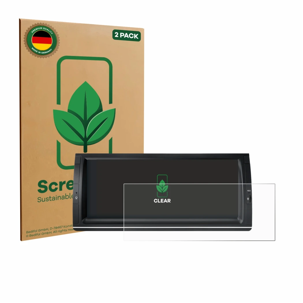 Face avant d’un emballage produit avec le logo de la marque ScreenLeaf. À côté, l’appareil Xtrons PX1453BLHGS 10.25
