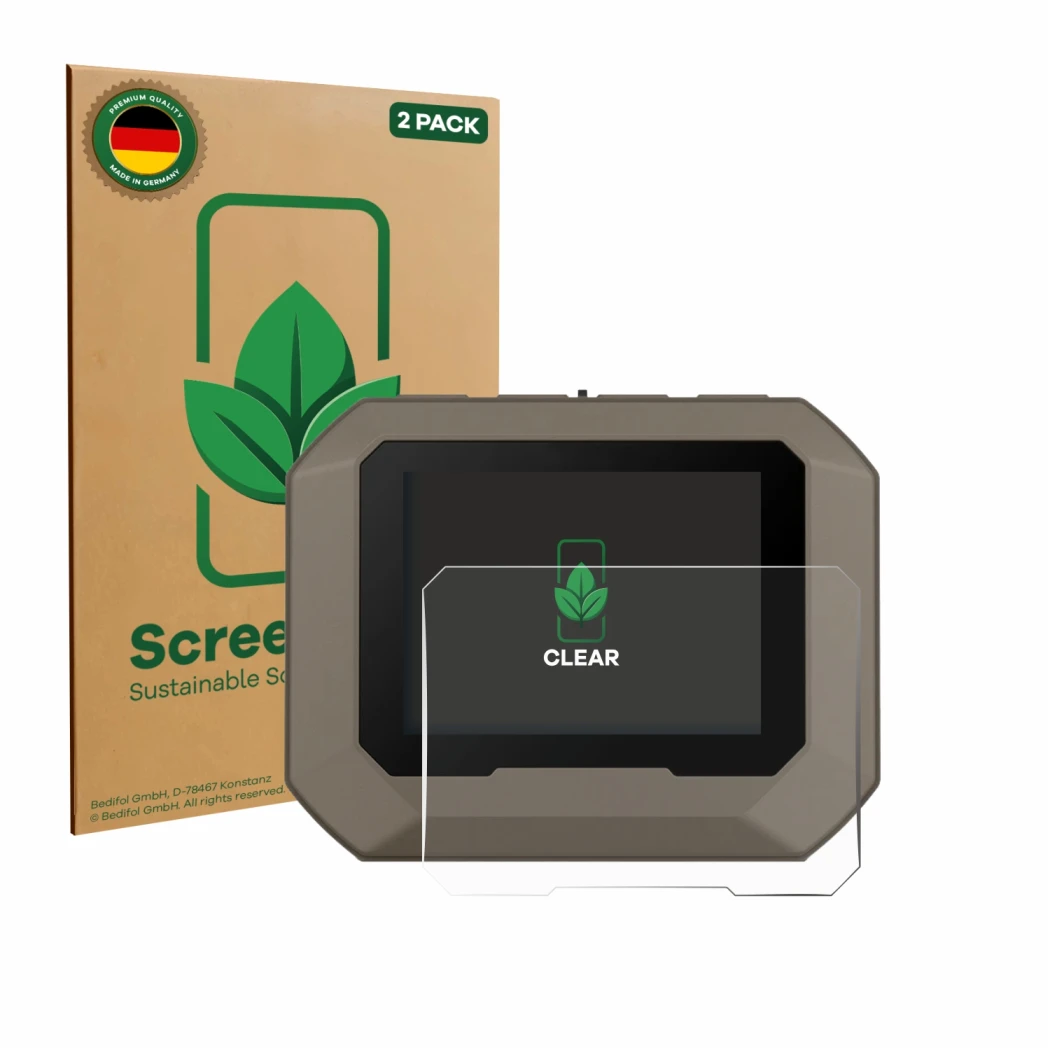 Face avant d’un emballage produit avec le logo de la marque ScreenLeaf. À côté, l’appareil Garmin Xero C2 est représenté avec 